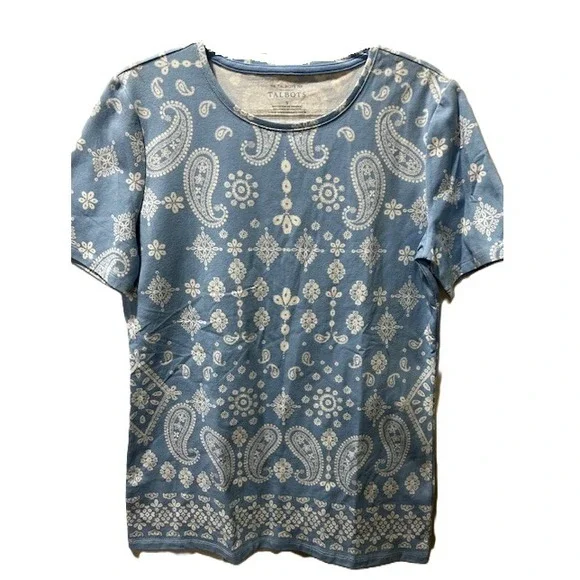 Talbots White and Blue Paisley Women Tee, Small - Picture 3 of 6